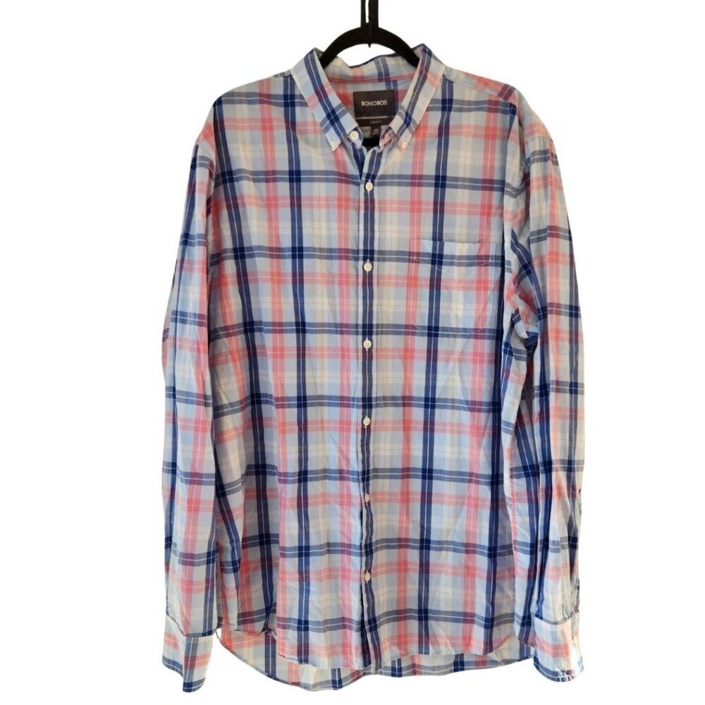 Bonobos Plaid Long Sleeve Button Down Shirt Blue Pink Dress Shirt Men's XXL Long